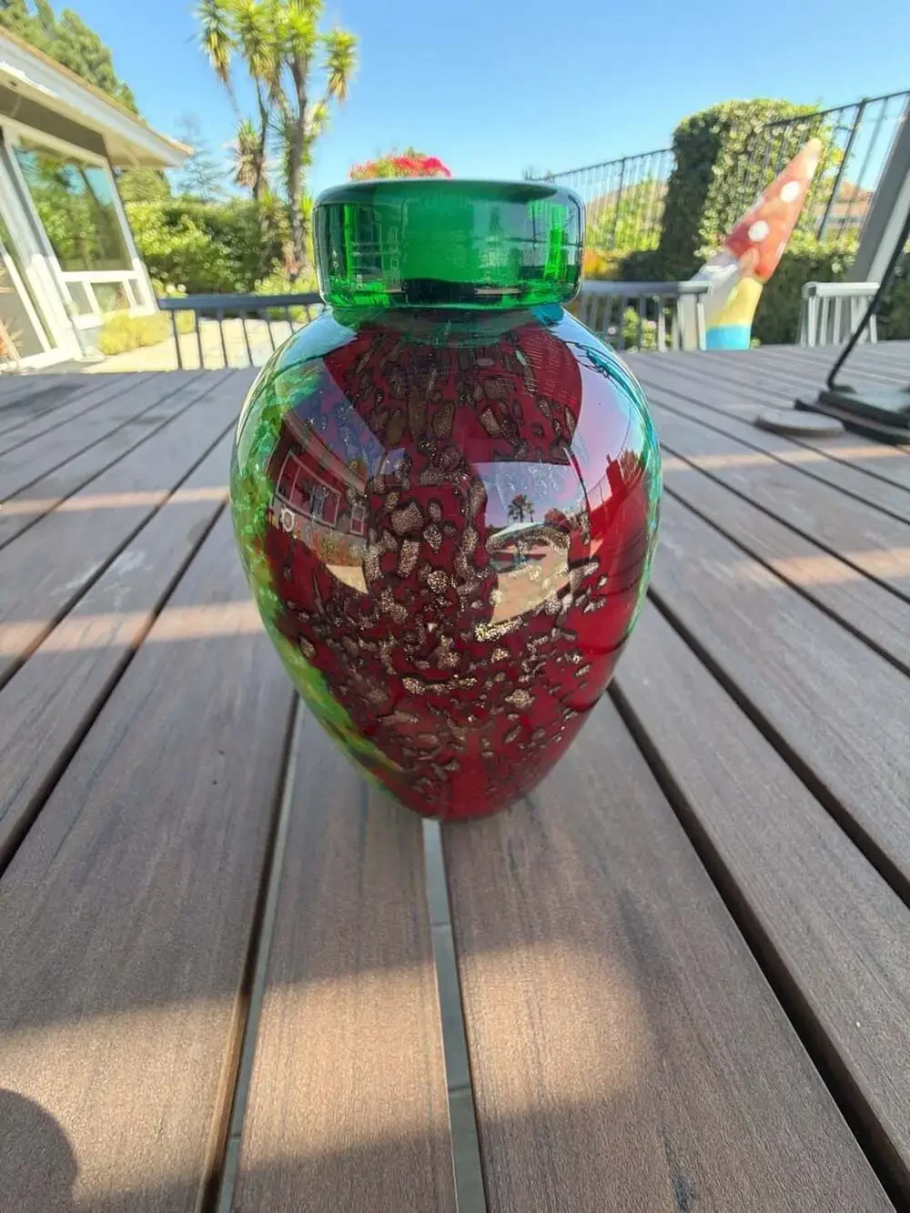 Franco Moretti Murano Art Glass Vase Green Red Blue with Gold Sparkles